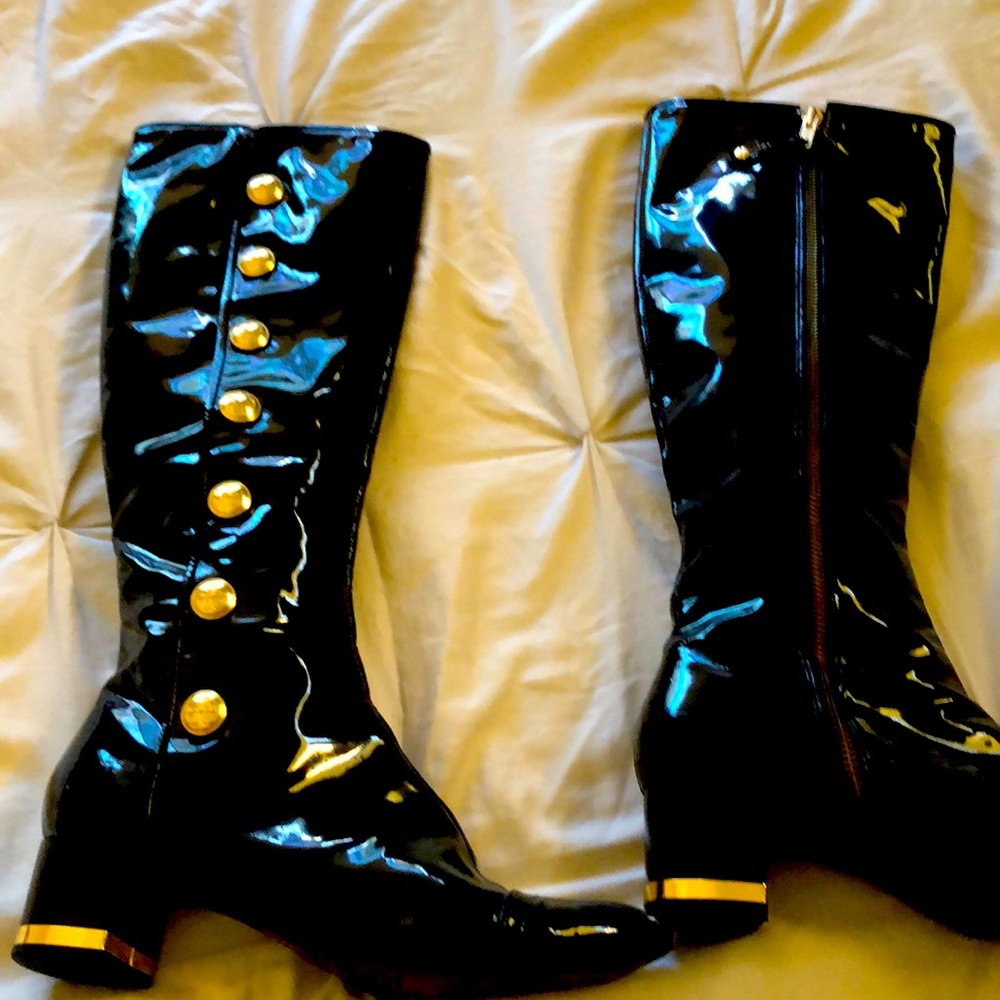 Tori Burch patent leather knee high boots.